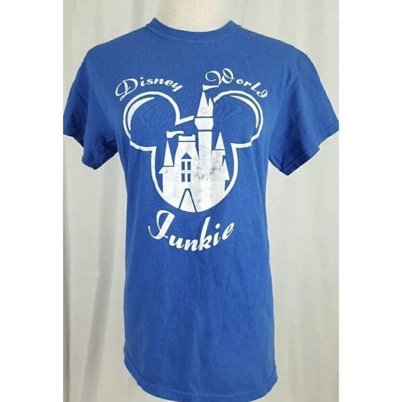 Disney World Junkie Womens Small Blue Tee Shirt Mickey Mouse Walt Disney - Picture 1 of 5